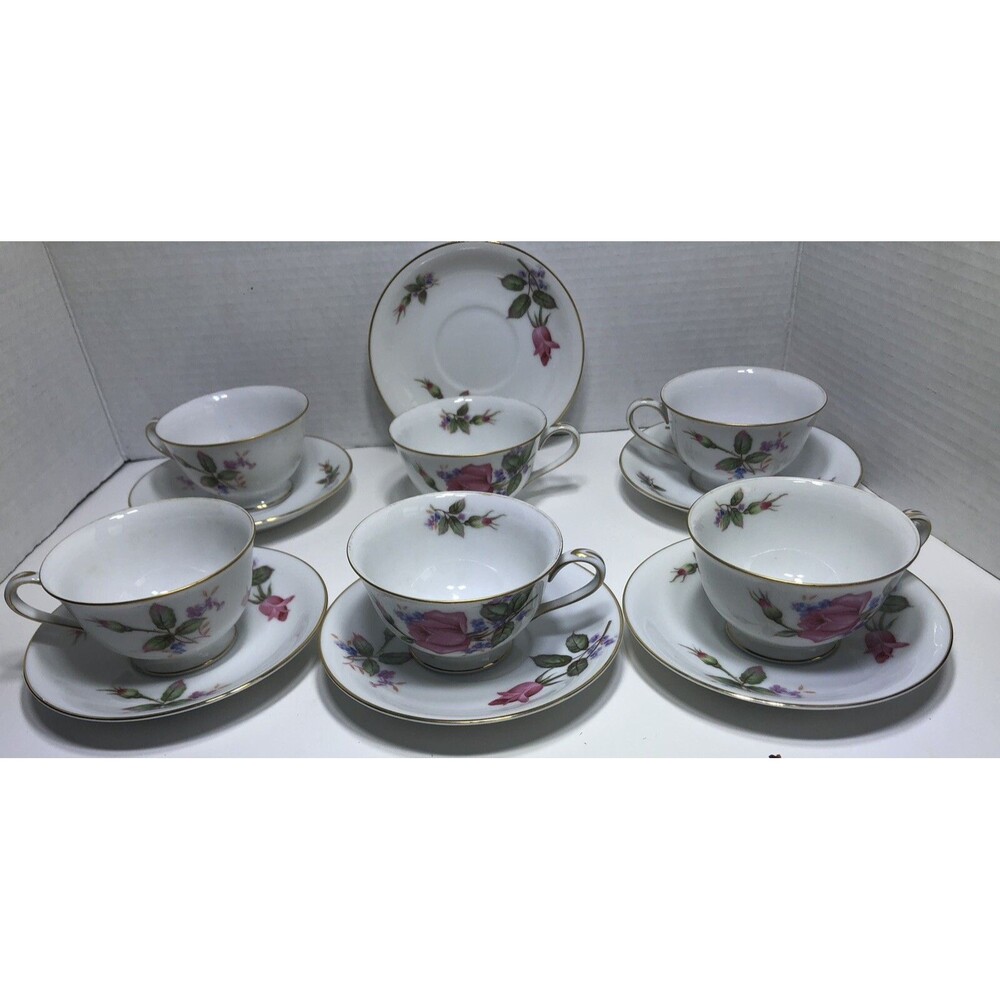 Set 6 Rose Linda Sanyo China Cups & Saucers Pink roses MIJ